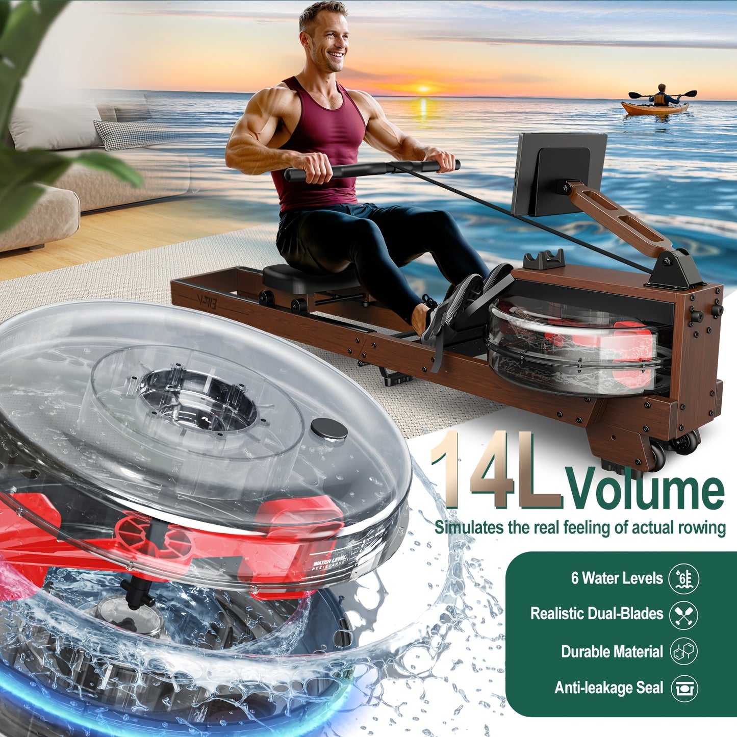 Waterroeimachine – Roeitrainer – Rower – Fitnessapparaat – Homegym – Houten Frame – Waterweerstand – Draaggewicht 175 kg