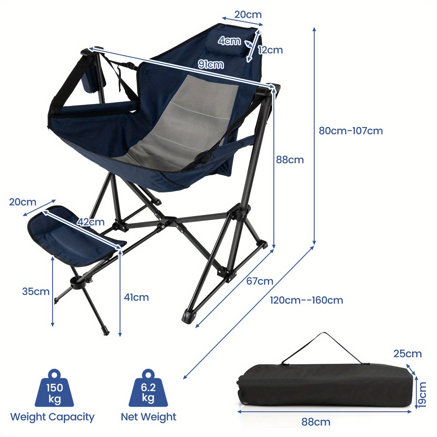 Campingstoel – Vouwstoel – Kampeerstoel – Visstoel – Strandstoel – Verstelbare Rugleuning – Uitschuifbare Voetensteun – Gevoerd Hoofdkussen – Roestvrij Metalen Frame – Navy Blauw