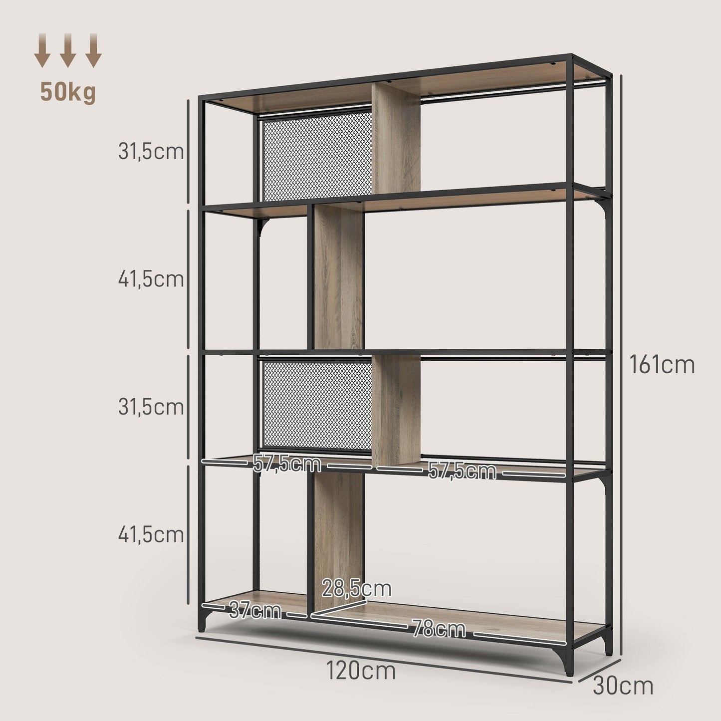Boekenkast – Vakkenkast – Opbergkast – Rek – Kast – Industrieel Stalen Frame – 5 Lade Niveaus – 120x30x161 cm Grijs-Zwart