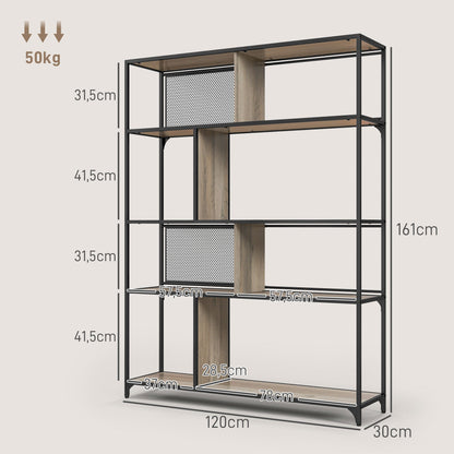 Boekenkast – Vakkenkast – Opbergkast – Rek – Kast – Industrieel Stalen Frame – 5 Lade Niveaus – 120x30x161 cm Grijs-Zwart