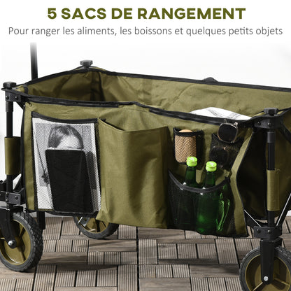 Strandkar – Bolderkar – Transportkar – Bolderwagen – Trekkar – Opvouwbaar – Verstelbare Telescopische Duwstang – 125L Inhoud – 100 kg Draagvermogen – Groen