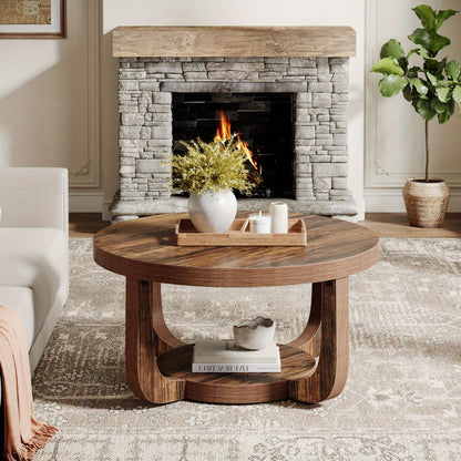 Ronde Salontafel – Moderne Koffietafel – Bijzettafel – Woonkamer Tafel – Opbergtafel – 2-Laags Ontwerp – Stevig Massief Hout
