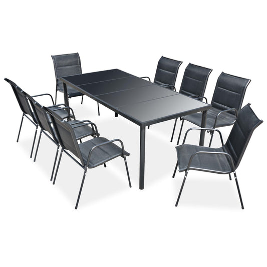 Tuinset – Tuinmeubelset – Buitenmeubilair – Terrasset – Eettafelset Zwart – 8 Stoelen – Gehard Glasblad – Waterafstotende Textielbekleding