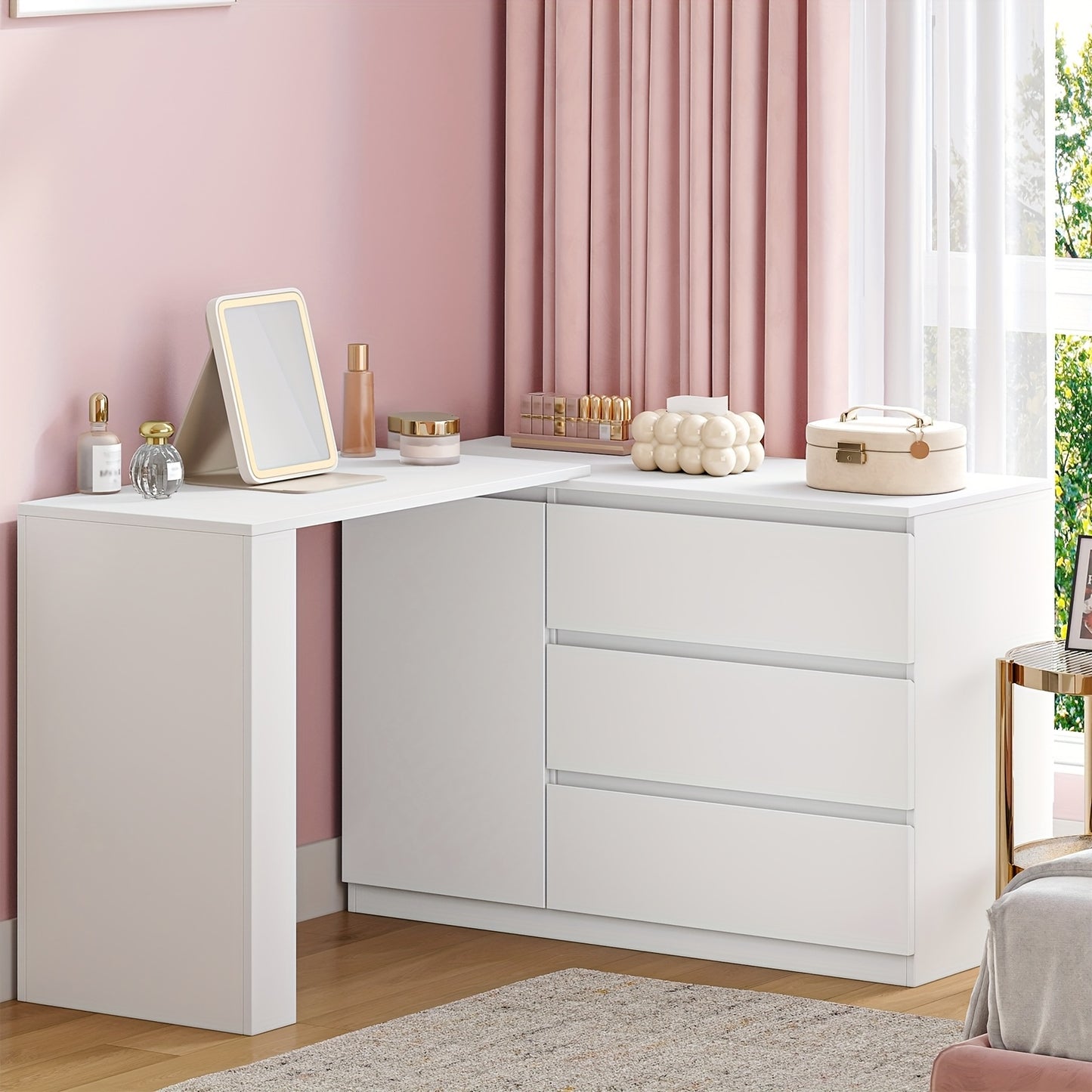 Tidy Up Cluttered Surfaces, Categorize Bottles And Jars, And Organize Makeup Tools.Dressing Table with Drawers, L-Shaped Corner Dressing Table, Vanity with 1 Storage Cabinet And 2 Open Storage Shelves, Bedroom, Living Room, M - QUORE
