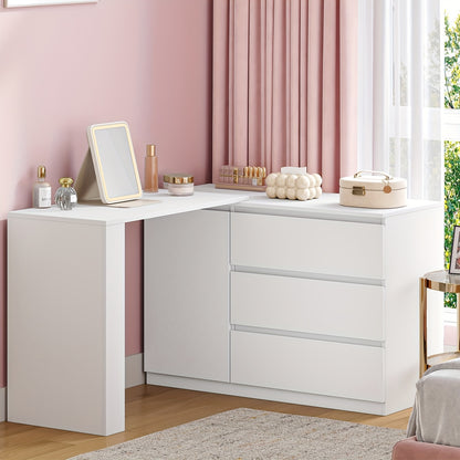 Tidy Up Cluttered Surfaces, Categorize Bottles And Jars, And Organize Makeup Tools.Dressing Table with Drawers, L-Shaped Corner Dressing Table, Vanity with 1 Storage Cabinet And 2 Open Storage Shelves, Bedroom, Living Room, M - QUORE