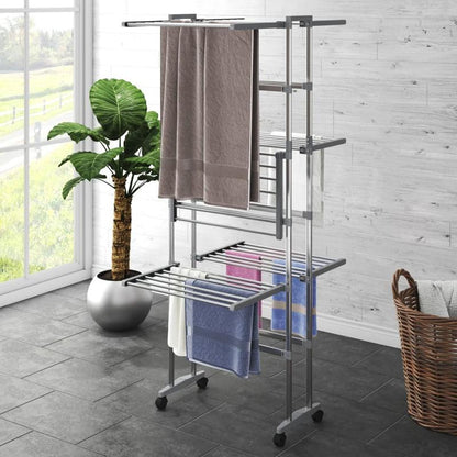Droogrek – Droogstandaard – Wasrek – Kledingdroger – Driedelig Rek – Aluminium – Met Wieltjes – Inclusief Wasknijpers – Compact 60x70x129 cm – Roestvrij