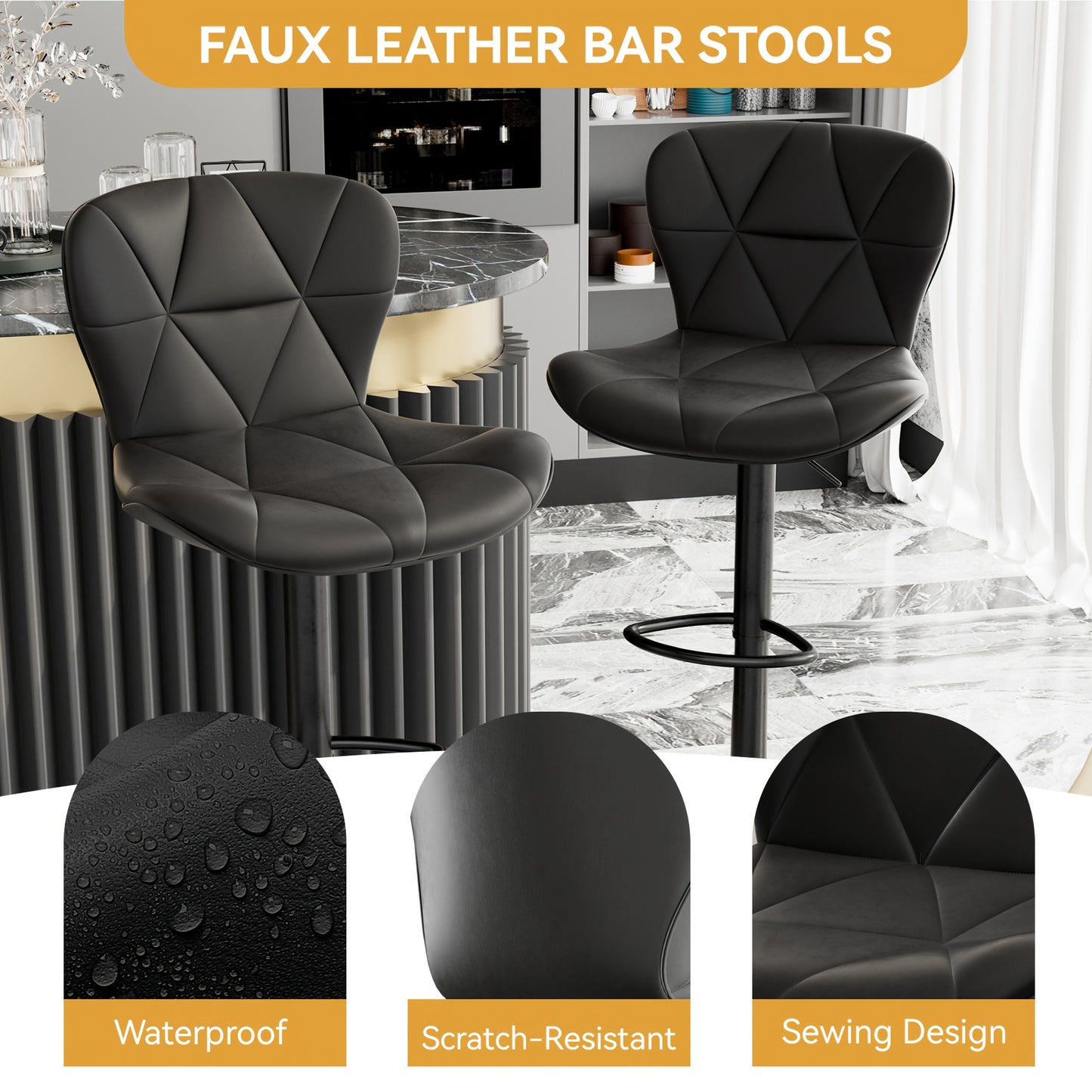 Barstoel – Barkruk – Barkrukken – Barstoelen – Keukenstoel – Verstelbaar – Zwart Kunstleer Met Memory Foam