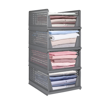 Opbergmanden – Opbergboxen – Opbergbakken – Opbergkisten – Opbergdozen – Stapelbaar en Vouwbaar – Kunststof 33,5x43x18 cm – Set van 4 – Grijs