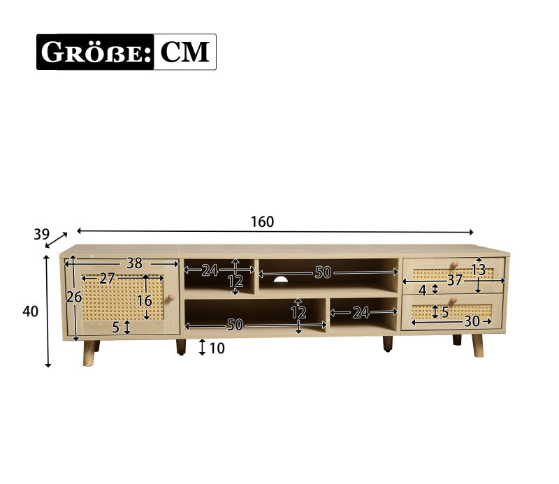 TV-kast – TV Meubel – TV Dressoir – TV Cabinet – Mediamöbel – Voor Grote Televisies Tot 70 Inch – Verstelbare Poten & Kabelmanagement – Duurzaam Spaanplaat En Riet Design (160 cm)