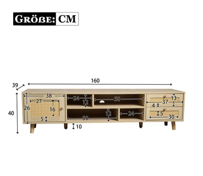 TV-kast – TV Meubel – TV Dressoir – TV Cabinet – Mediamöbel – Voor Grote Televisies Tot 70 Inch – Verstelbare Poten & Kabelmanagement – Duurzaam Spaanplaat En Riet Design (160 cm)