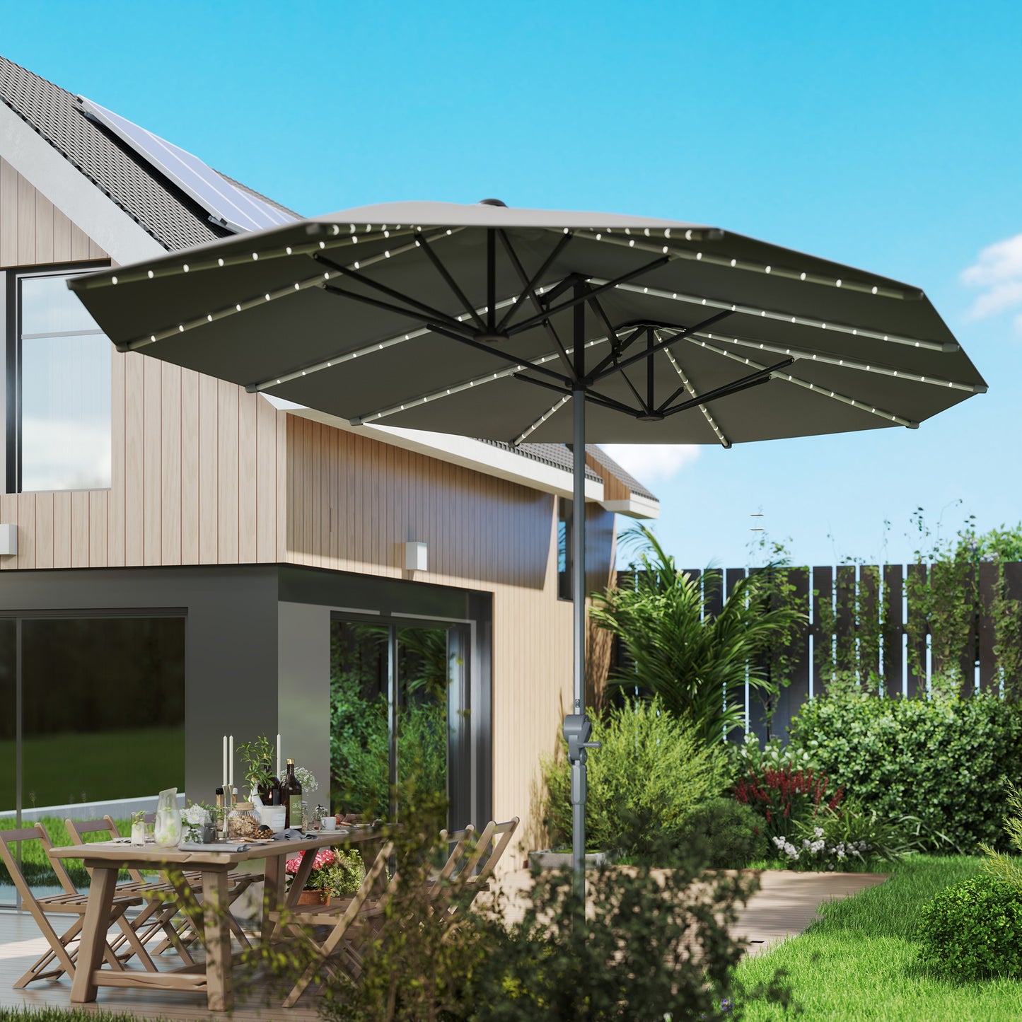 Dubbele Tuinparasol – Terrasparasol – Zweefparasol – Balkonparasol – UV-parasol – Donkergrijs – Ingebouwde Solar Led-Verlichting – UPF50+ UV-Bescherming