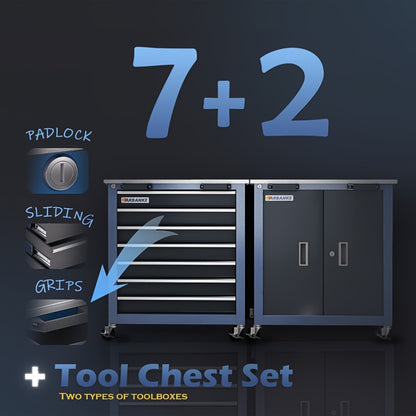 Combination Tool Cabinet, Stainless Steel Countertop, 7-Drawer Toolbox And Double Door Tool Cabinet, Connected for Use, Locking System Tool Storage Cabinet with Wheels And Padded Feet, for Garage