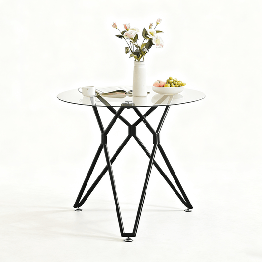 Ronde Eettafel – Eettafel Glas – Tafel Klein – Ronde Tafel – Keukentafel Zwart Metaal – 90 cm Diameter – Gehard Glasblad – Stevig Metalen Onderstel
