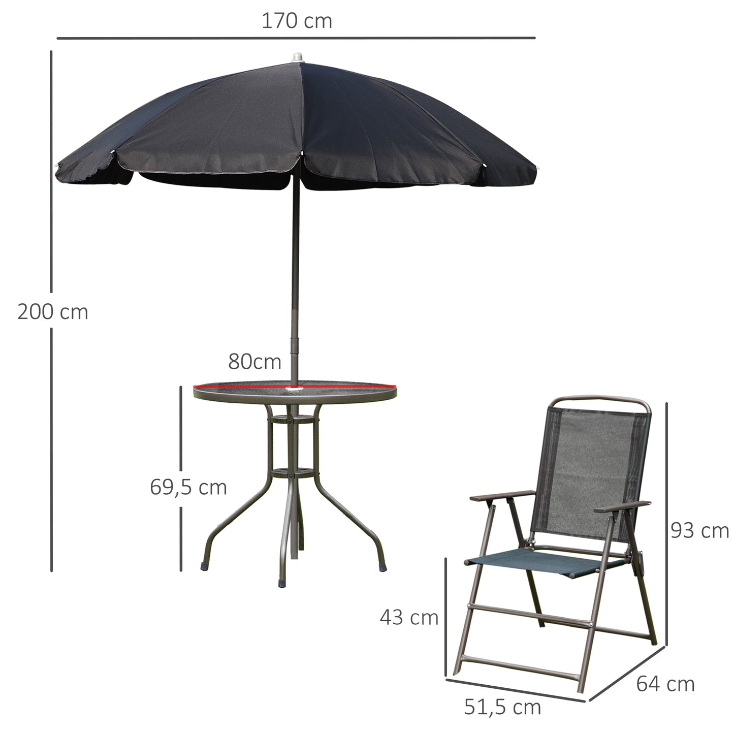Tuinset – Bistro Set – Loungeset – Tuinmeubel – Balkonset – Zwart – 6-Delig Met Parasol – Epoxy Staal En Textilene – Geharde Glazen Tafelblad