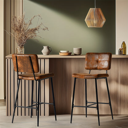 Barkruk – Barstoel – Kruk – Hoog zitmeubel – Bistrostoel – Industrieel design – Suède bekleding – Met rugleuning en voetensteun – Hoogte 75 cm – Metaal frame – Bruin