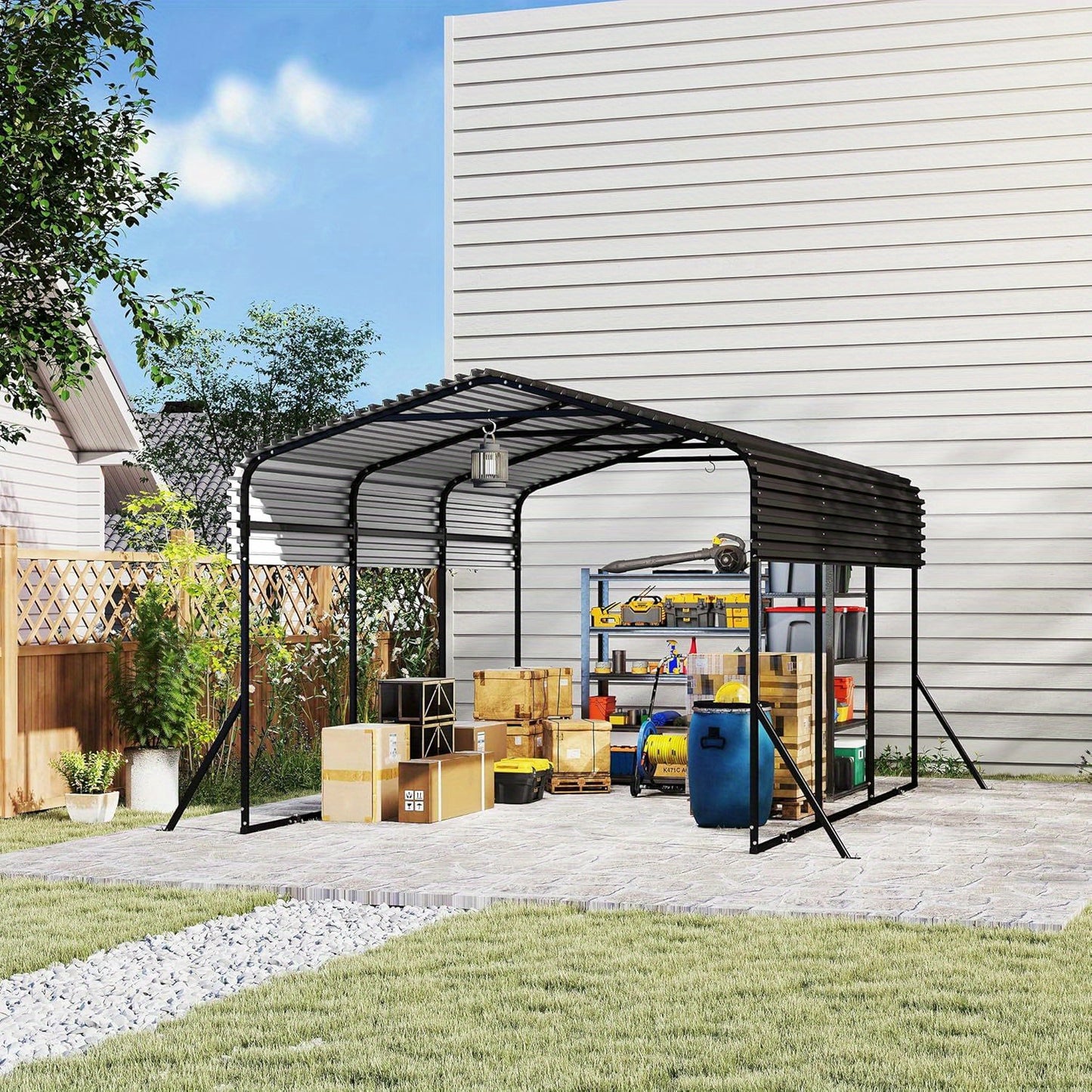 NAIZY Large Metal Carport Garage with Trapezoidal Panels - Sturdy Outdoor Vehicle Shelter for Cars, Trucks, SUVs - Durable Weather-Resistant Design, Easy Assembly, No Electricity Needed, Car Shelter, Sleek Metallic Finish, Ro