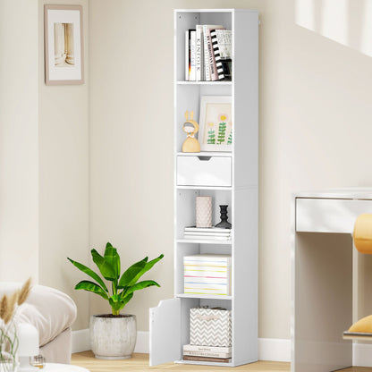 Boekenkast – Boekplank – Opbergkast – Vakkenkast – Rek – Wit – 6 Niveaus – 3-Traps Verstelbare Plank – Lade & Kastdeur