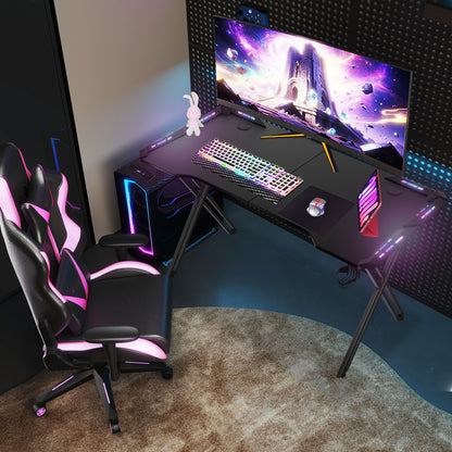 Gamingtafel – Game Bureau – Gaming Desk – Computertafel – Game Tafel – Carbon Fiber Blad – X-Vormig Stalen Frame – Bekerhouder & Headset Haak – Belastbaar Tot 100 Kg – 160 cm