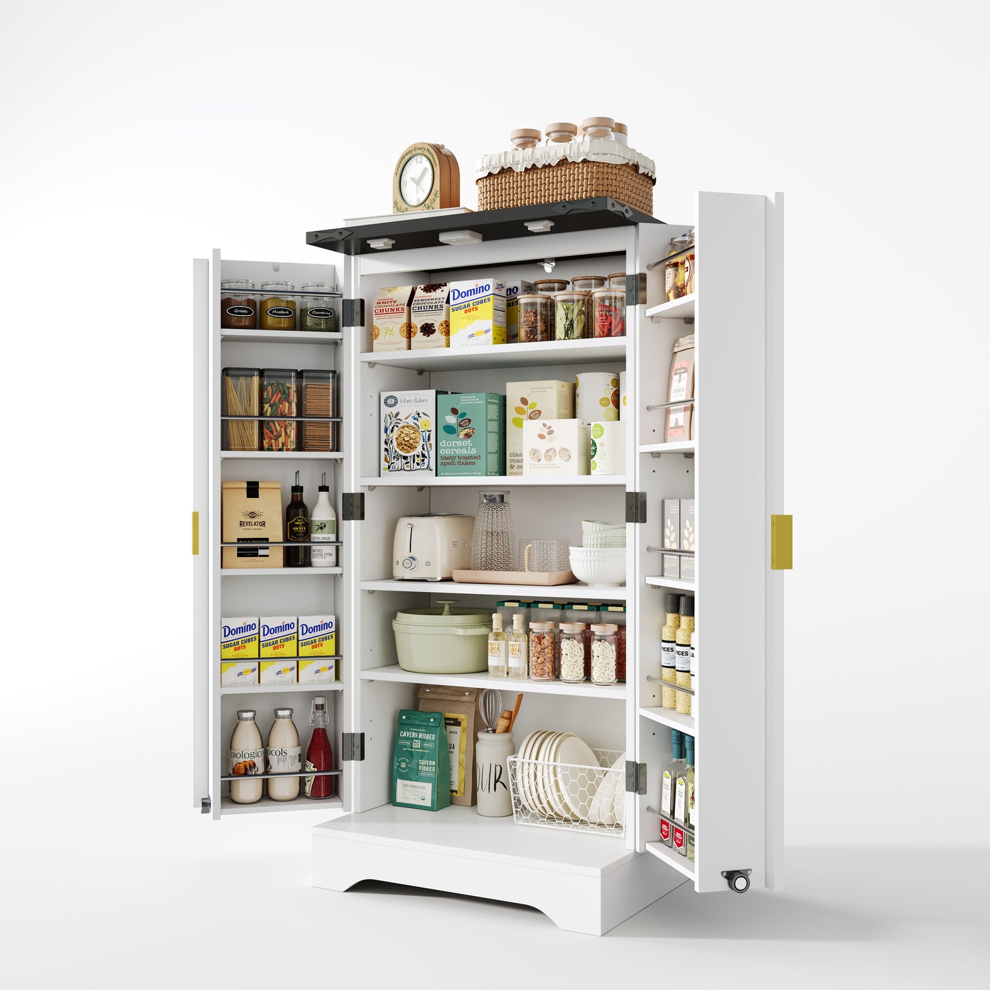 Keukenkast – Hoge Kast – Opbergkast – Voorraadkast – Keukenmeubel – Wit – Met Verstelbare Planken – MDF & Spaanplaat – 120x60,5x40 cm – Gouden Handgrepen