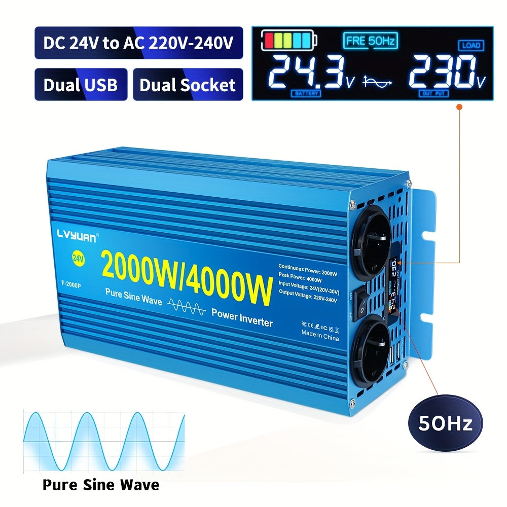 Pure Sine Wave Omvormer – Stroomomzetter – Car Inverter – 12V DC naar 220V AC – Mobiele Spanningsomvormer – 4000W Continu Vermogen – LCD Display