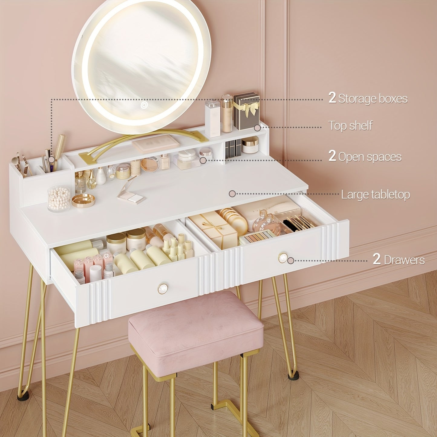 Make-up Tafel – Kaptafel – Dressoir – Make-up Bureau – Vanity – Mat Wit & Goud – LED Spiegel Met Verlichting – 40x90x140 cm – Inclusief Roze Krukje