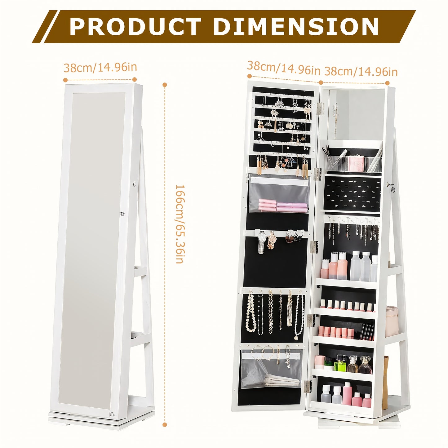 360° Draaibare Sieradencabinet – Sieradenkast – Make-up Organizer – Opbergkast – Sieradenrek – Volledige Spiegel – Duurzaam Houten Materiaal – Verticale Ruimtebesparende Stijl – Natuurlijke Houtkleur