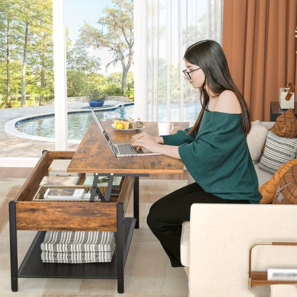 Salontafel – Koffietafel – Bijzettafel – Woonkamertafel – Tafel – Verstelbaar Lift-Top – Verborgen Opbergruimte – Hout – Metaal – Rustiek Bruin