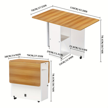 Extendable Wood Drop Leaf Folding Dining Table, Folding Dining Table With 2 Tier Storage Racks, Multifunction Space Saving Table Expandable Rectangle Dinner Kitchen Office Furniture For 6 People 120x70x78cm Wood Color