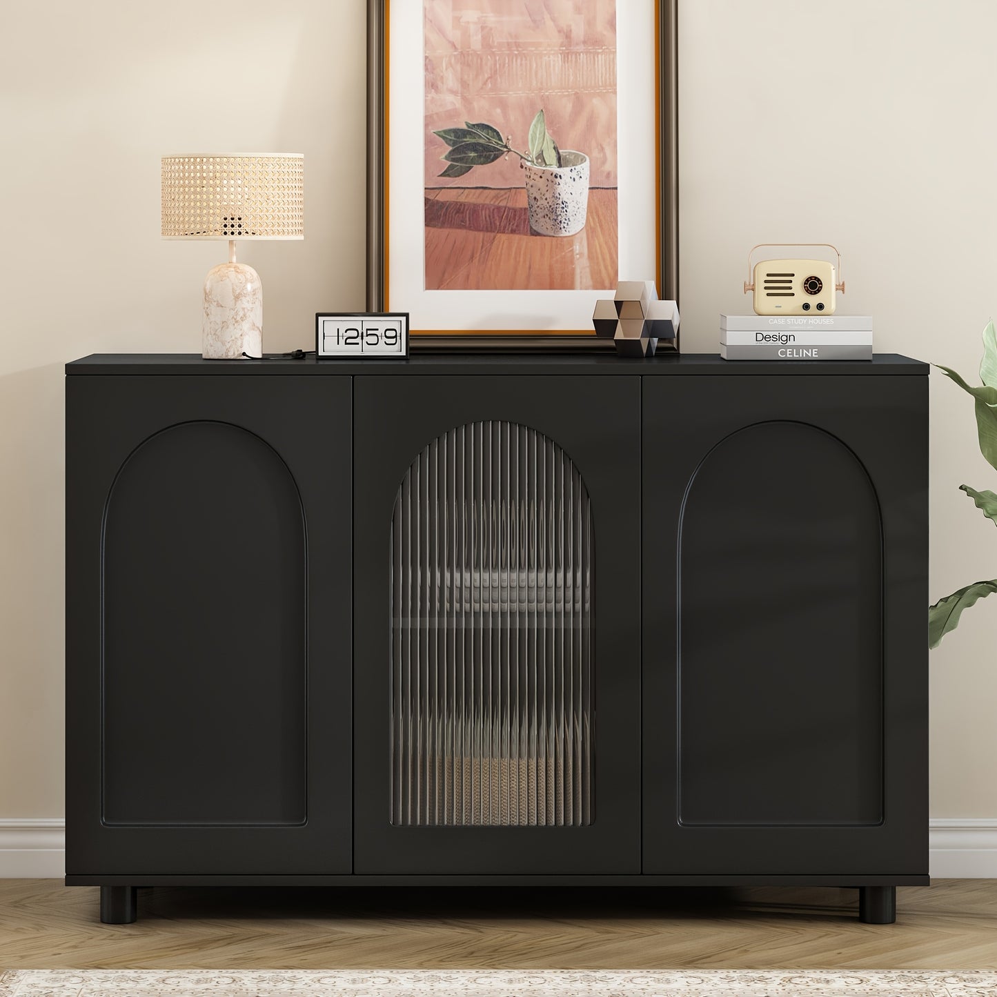 A Stylish And Black U-Shaped Storage Cabinet for The Entryway, Equipped with Compartments, Functioning As a Sideboard, And Showcasing Glass Doors Along with a Spring-Loaded Panel Design.