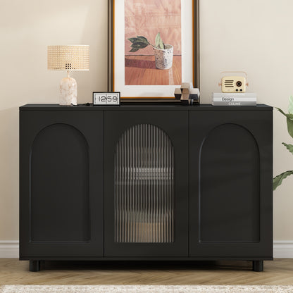 A Stylish And Black U-Shaped Storage Cabinet for The Entryway, Equipped with Compartments, Functioning As a Sideboard, And Showcasing Glass Doors Along with a Spring-Loaded Panel Design.