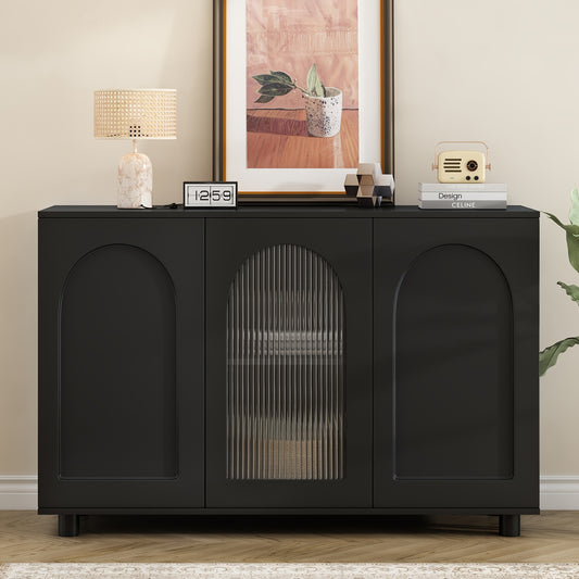 A Stylish And Black U-Shaped Storage Cabinet for The Entryway, Equipped with Compartments, Functioning As a Sideboard, And Showcasing Glass Doors Along with a Spring-Loaded Panel Design.