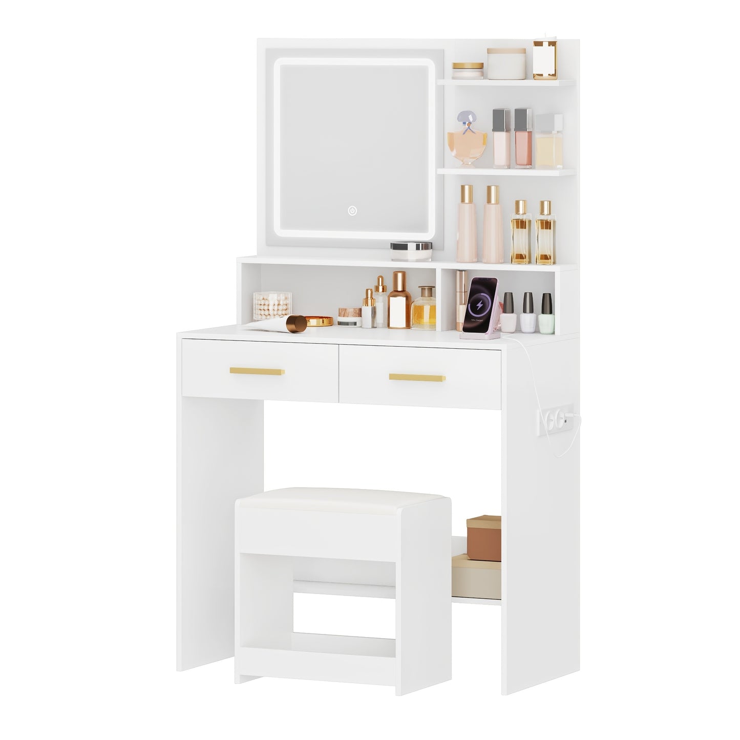Make-up Tafel – Kaptafel – Vanity Desk – Dressoir – Kleedtafel – Met Instelbare LED Verlichting – 2 AC Stopcontacten + 2 USB Poorten – Inclusief Zachte Kruk – Wit