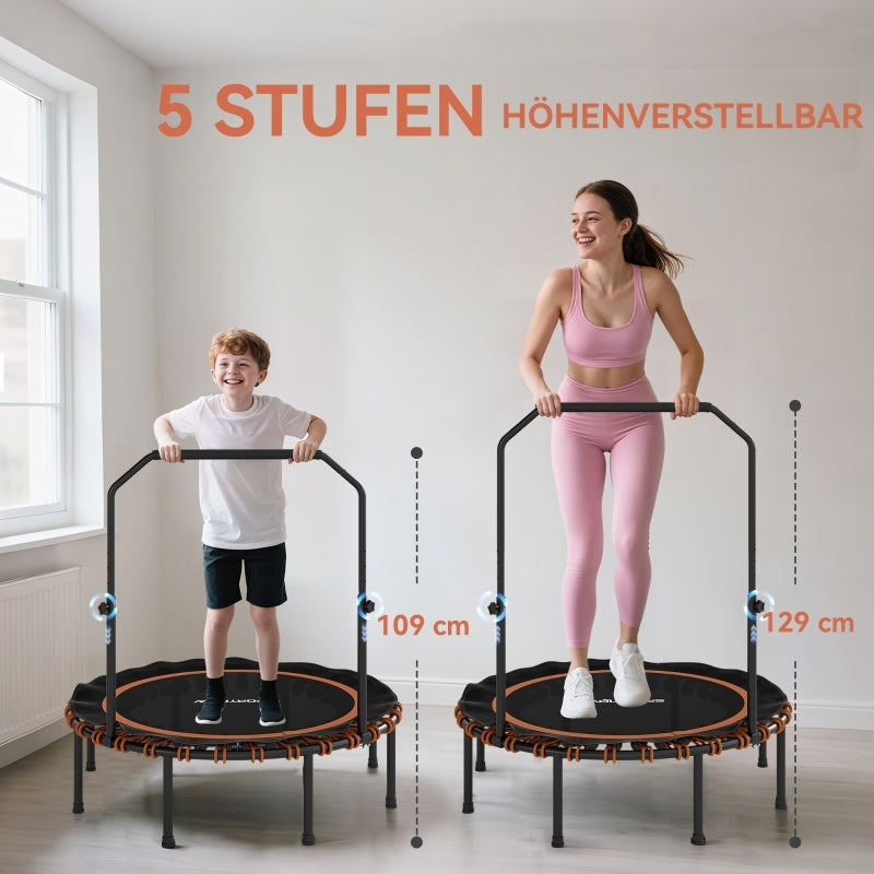 Fitness Trampoline – Springmat – Rebounder – Mini Trampoline – Trainingsapparaat – Instelbare 5-standen Handrail – 32 Bungee Koorden & Stevig Stalen Frame – Compact Opvouwbaar – Zwart