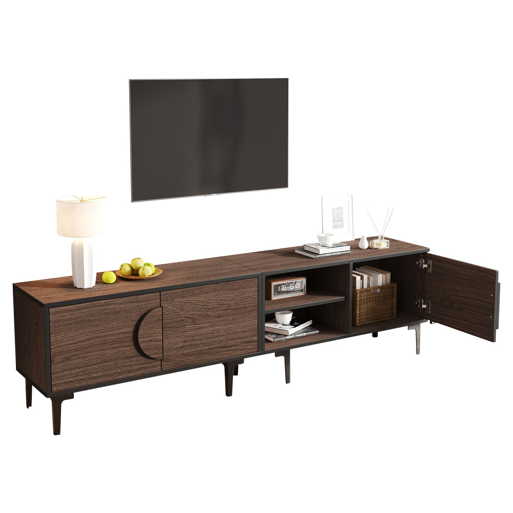 Modern Low-Profile TV Stand Compatible for 80-Inch TVs - Dark Walnut Media Console with Double Doors & Open Shelving, Heavy-Duty Metal Frame, Assembly (Living Room Furniture)