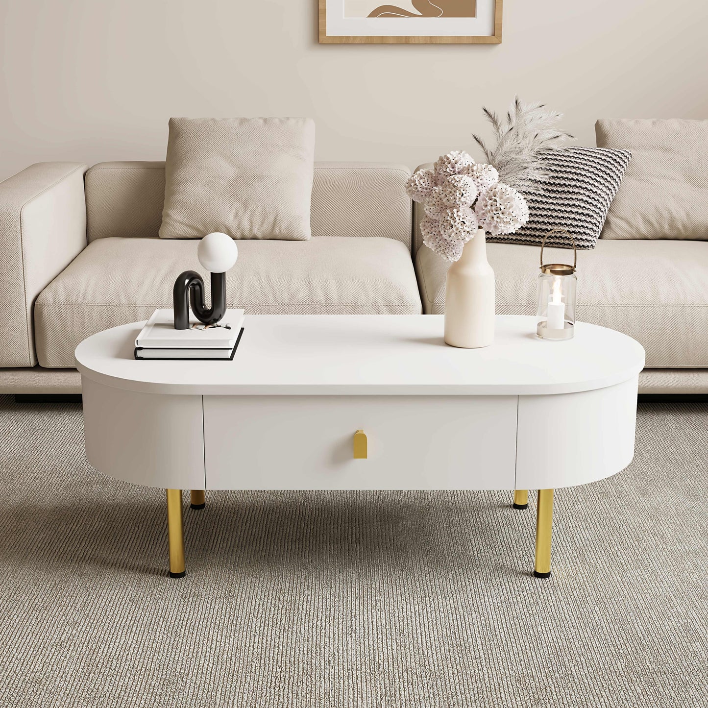 Salontafel – Woonkamertafel – Koffietafel – Bijzettafel – Tafel – Metaal – Wit – Met 2 Laden – Gouden Details