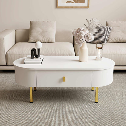 Salontafel – Woonkamertafel – Koffietafel – Bijzettafel – Tafel – Metaal – Wit – Met 2 Laden – Gouden Details