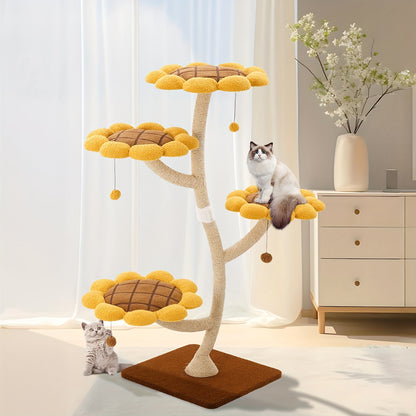 141.99cm Tall Sunflower Cat Tower for Large Cats - Sturdy Alloy Multi-Level Cat Tree with 4 Plush Flower Perches, Sisal Scratching Posts & Hanging - Modern Indoor Activity Center for Play & Relaxation, Cute Cat Tree, Feline A