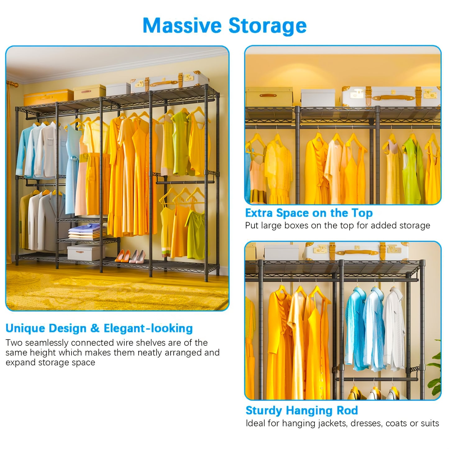 Kledingrek – Garderoberek – Kledinghouder – Kledingstang – Kast Organizer – XXL Capaciteit – Stalen Frame – 11 Planken – 4 Kolommen – Max 498 KG Draagvermogen – Zwart