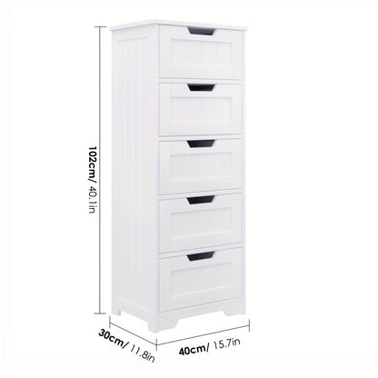 Opbergkast Wit – Ladenkast – Opbergmeubel – Ladekast – Opbergkast Badkamer – 40x30x102 cm – Vijf Lades – Duurzaam MDF Hout – Vrijstaand – Metalen Handgrepen