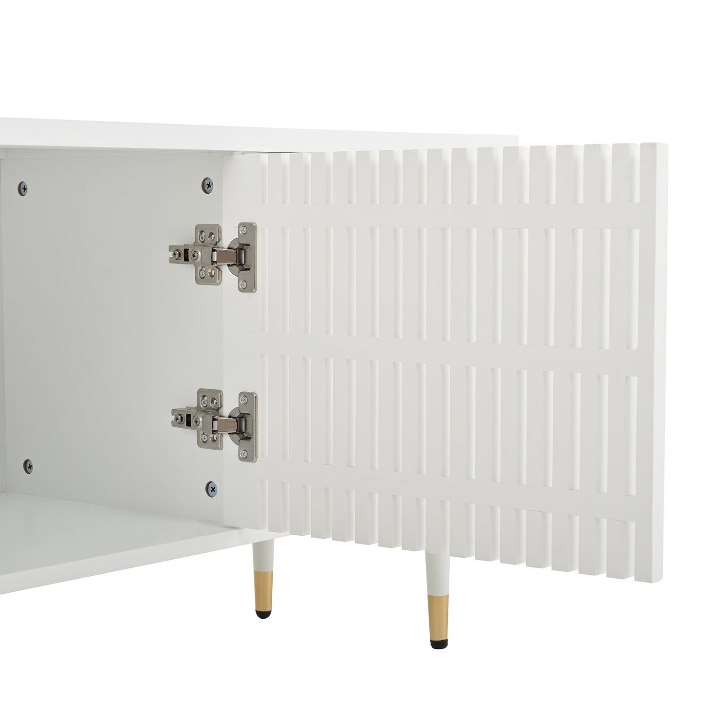 BTM TV Lowboard / TV Cabinet with Lattice Front, Concealed Handles, Golden Accents, Four Doors, Storage Space & Cable Management, Adjustable Feet, 170×36×54 cm