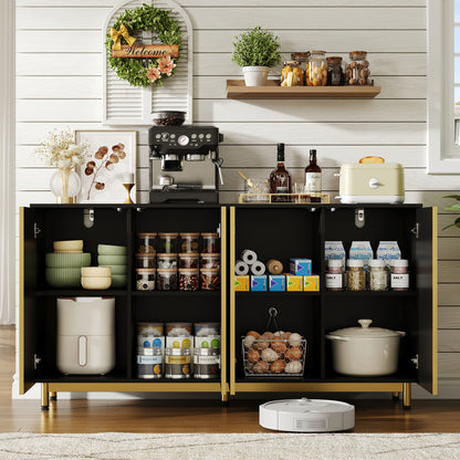 Zwart Sideboard – Buffetkast – Dressoir – Keukenkast – Buffetkast Met Opbergruimte – 150 Cm Breed – Wavy Fluted Deuren Met Verstelbare Metalen Poten