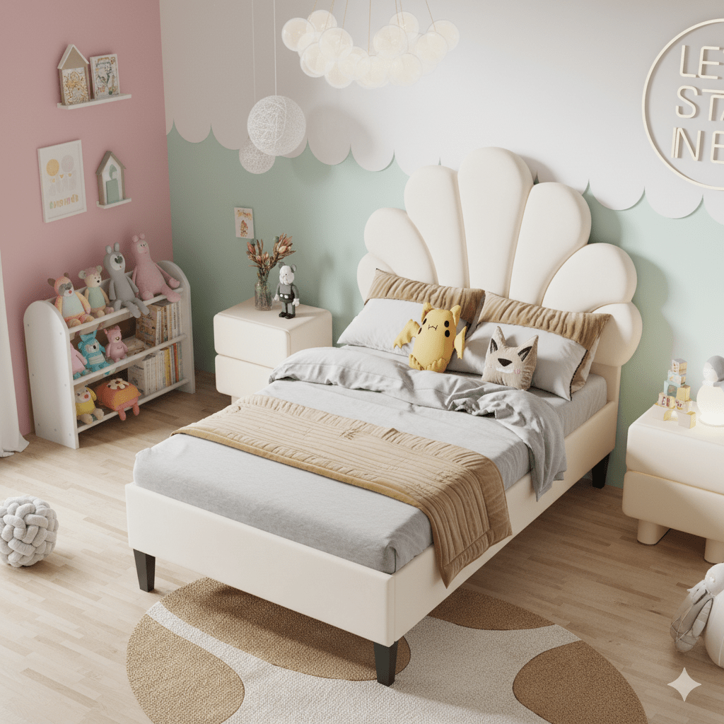 Gestoffeerd Bed – Slaapbed – Bedframe – Houten Bed – 90x200 cm – Fluwelen Bloemvormige Hoofdbord – Comfortabel en Warm – Beige
