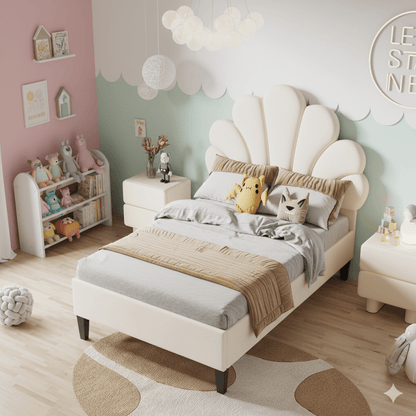 Gestoffeerd Bed – Slaapbed – Bedframe – Houten Bed – 90x200 cm – Fluwelen Bloemvormige Hoofdbord – Comfortabel en Warm – Beige