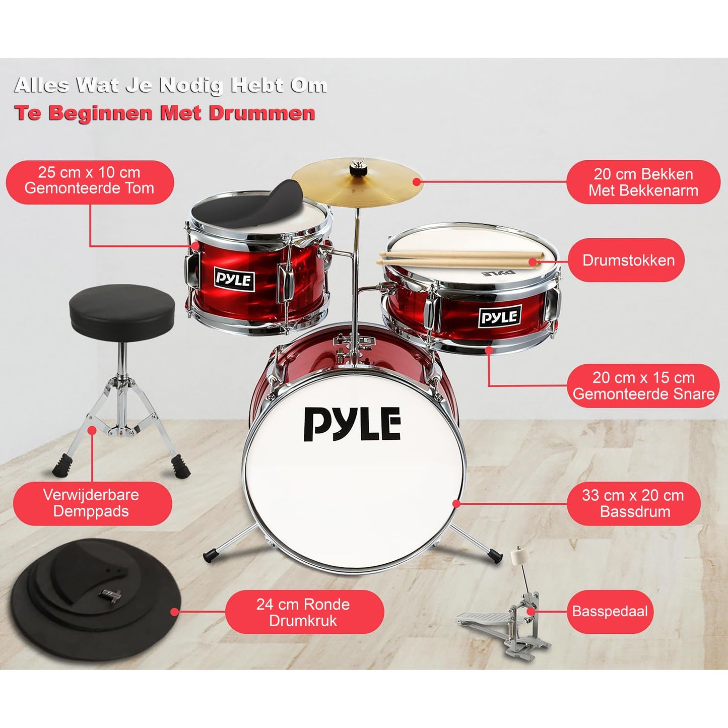 Kinder Drumstel – Kinderdrumset – Junior Drumstel – Beginners Drumkit – Kids Drums – Verstelbare Kruk – Inclusief Demppads – Rood Metallic