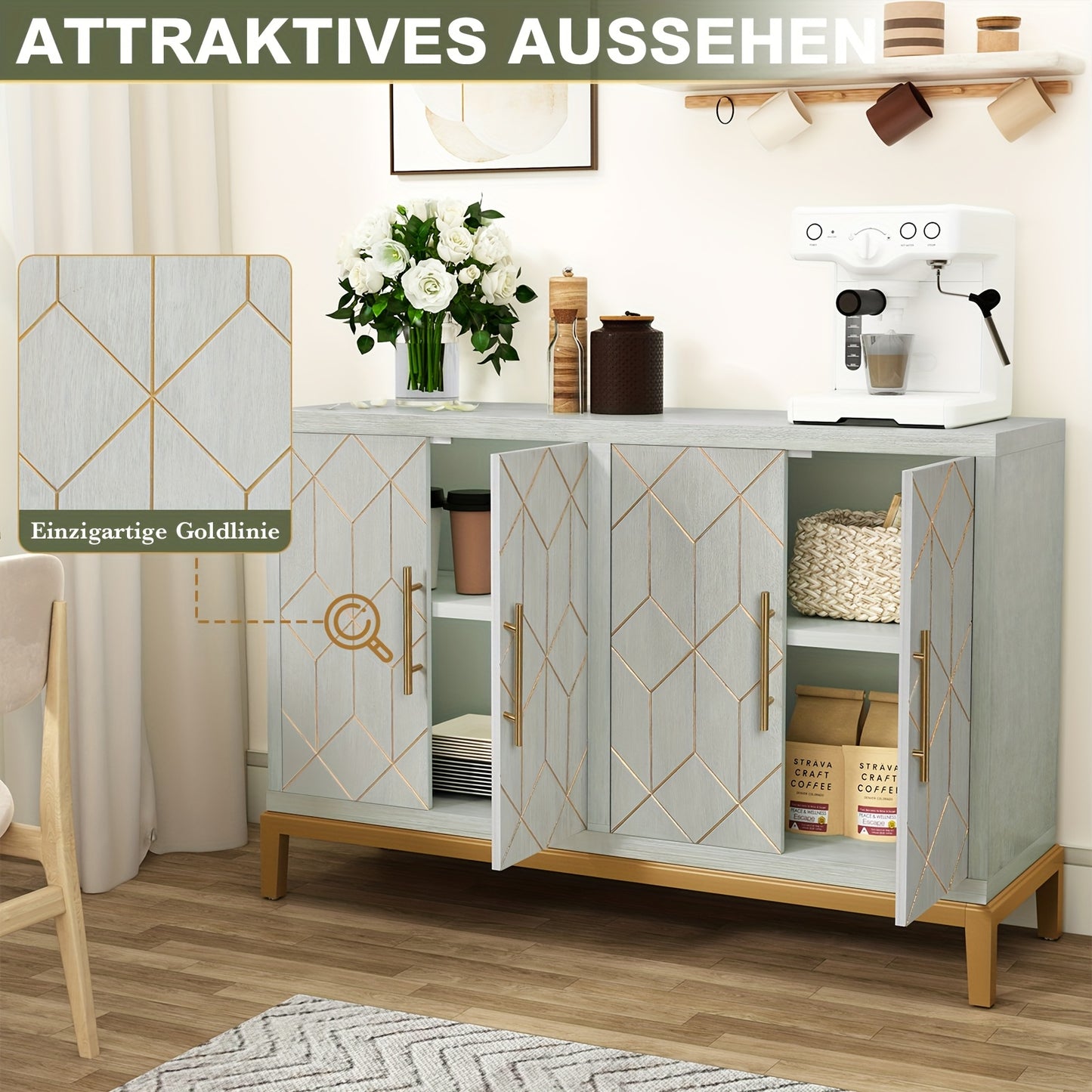 Kast – Opbergkast – Dressoir – Garderobekast – Vrijstaand – Verstelbare Planken – Zwart Met Gouden Accenten