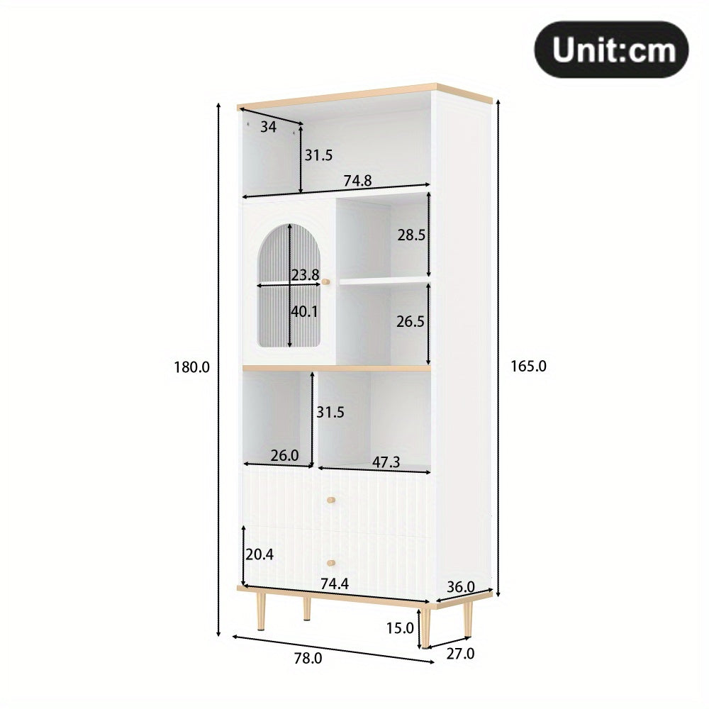 Boekenkast – Boekenrek – Opbergkast – Vakkenkast – Stellingkast – Wit – Transparante Deuren – Geruisloze Laden – 78x36x180 cm – Metalen Voet – Vrijstaand Design