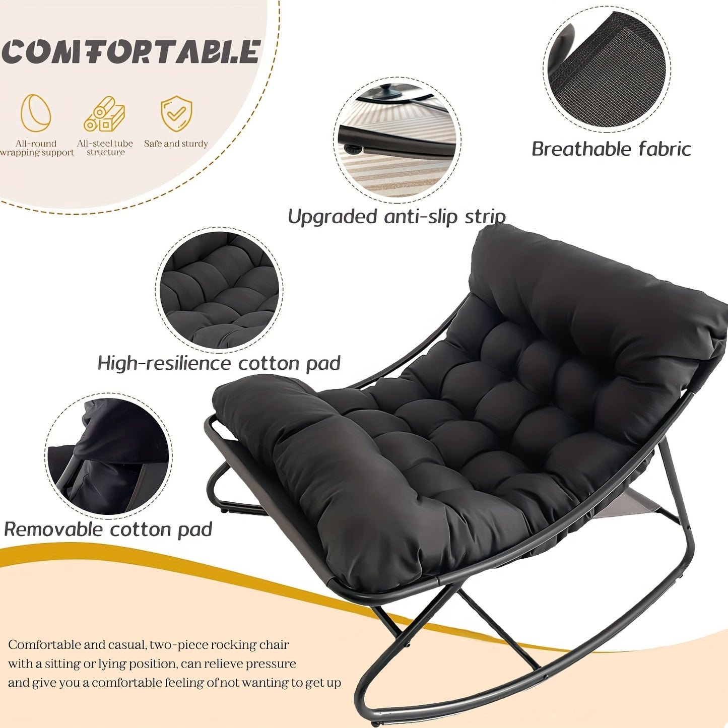 Schommelstoel – Draaifauteuil – Relaxstoel – Loungestoel – Stoel Zwart – Handmatige Verstelbare Rugleuning – 360° Draaifunctie