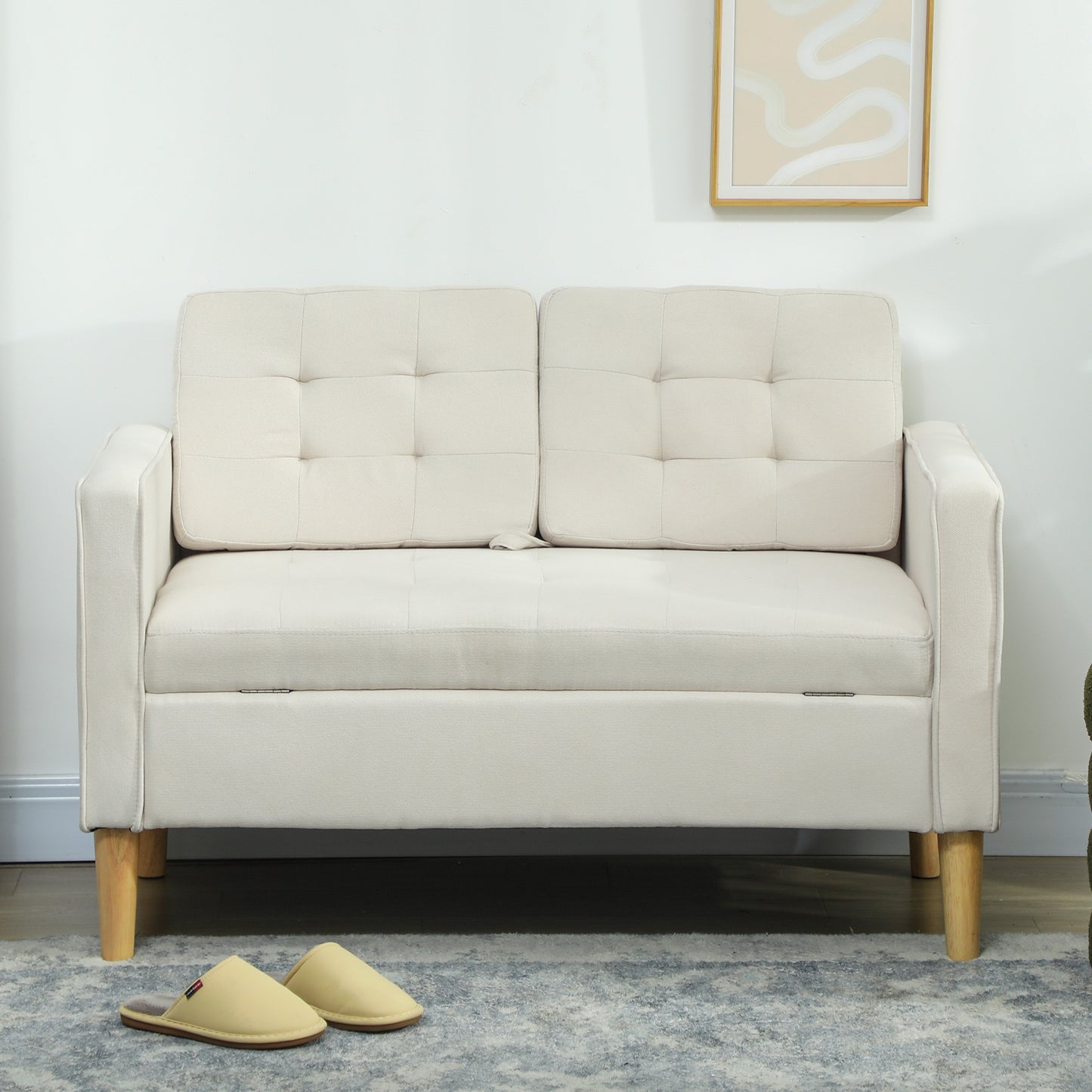 2-zitsbank – Tweezitsbank – Loveseat – Bankstel – Zitbank – Opbergruimte Onder Zitting – Rubberwood Frame – Crème Wit – 117x62x78 cm – Button Tufting