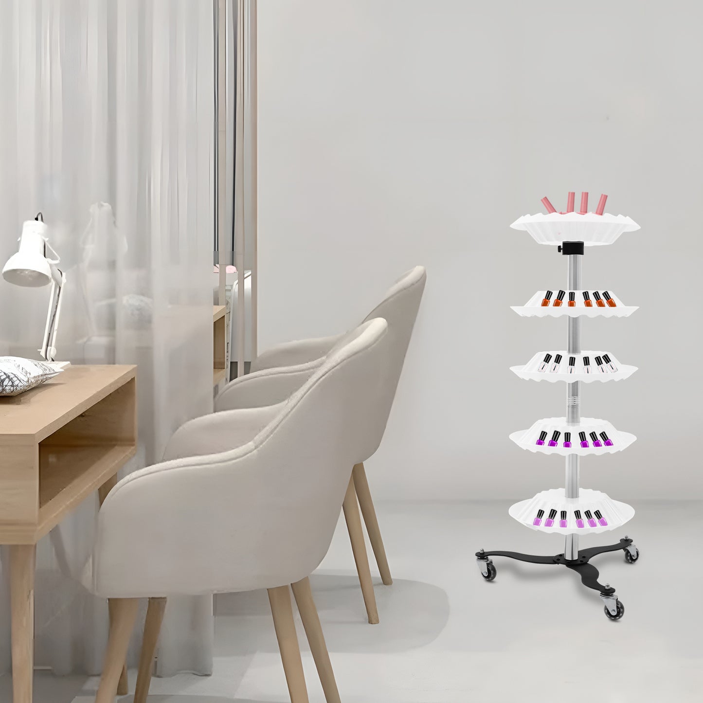 Nagellakhouder – Nagellakstandaard – Beauty Organizer – Cosmetica Opberger – Make-up Rek – 5 Lagen – Roestvrij Staal – Mobiel Met 3 Wieltjes – Wit Modern Design