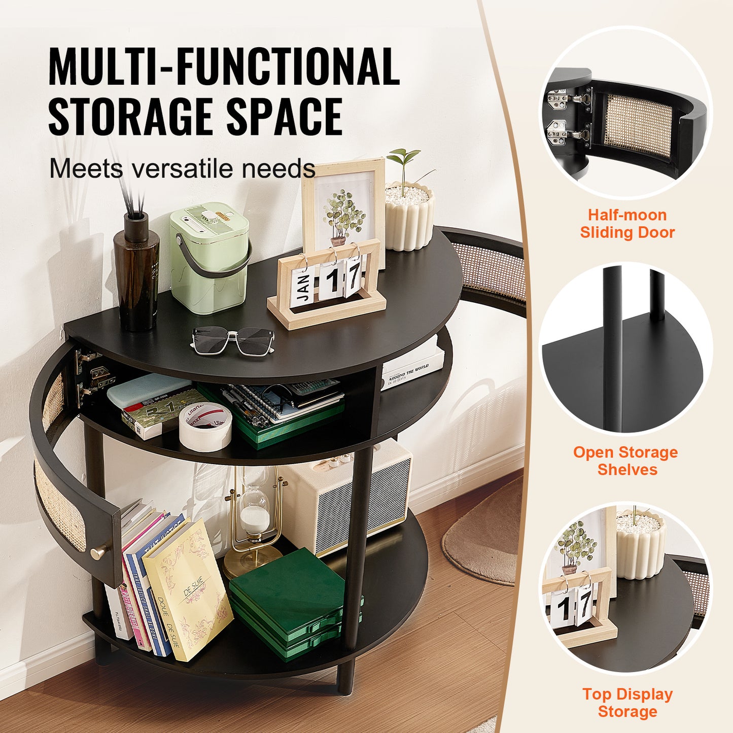 Sidetable – Wandtafel – Haltafel – Consoletafel – Bijzettafel – Zwart Rattan – Halve Maan Vorm – 2 Laden & Open Plank – Duurzaam MDF Onderstel